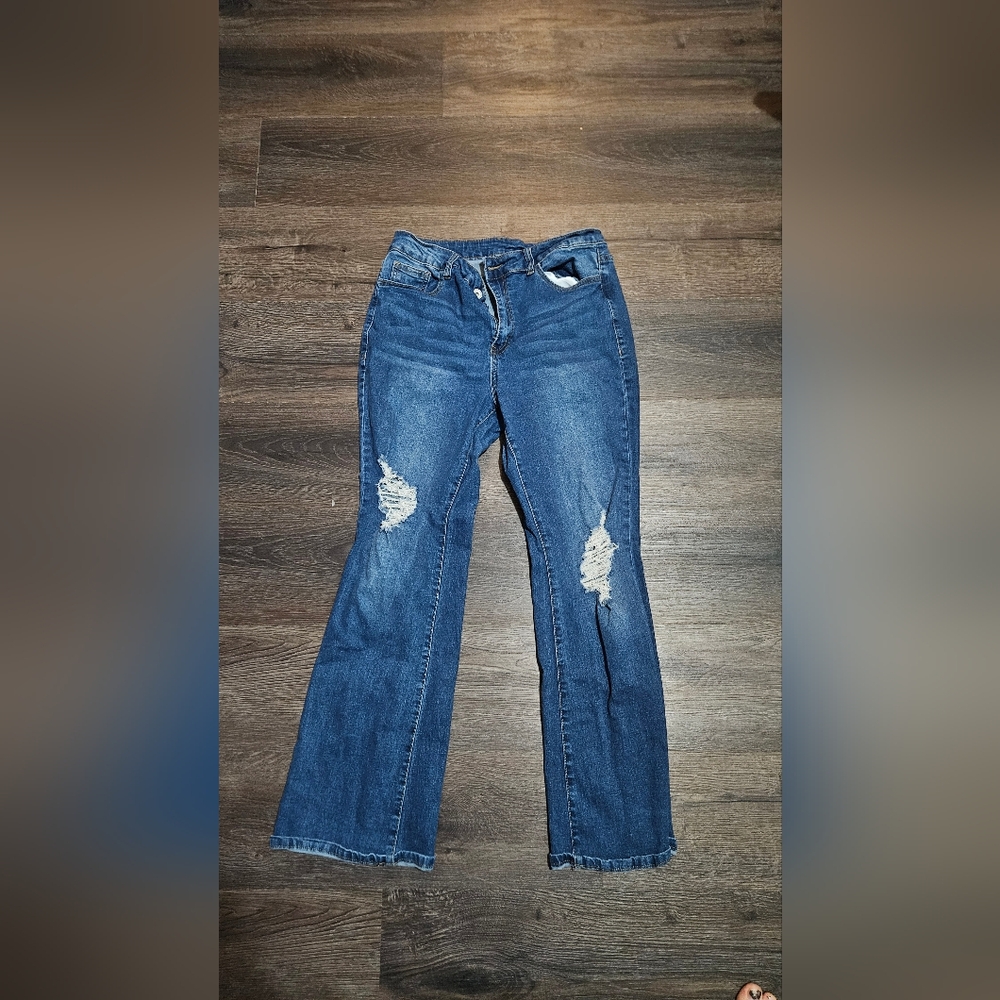 SHEIN Blue Distressed Flare Jeans